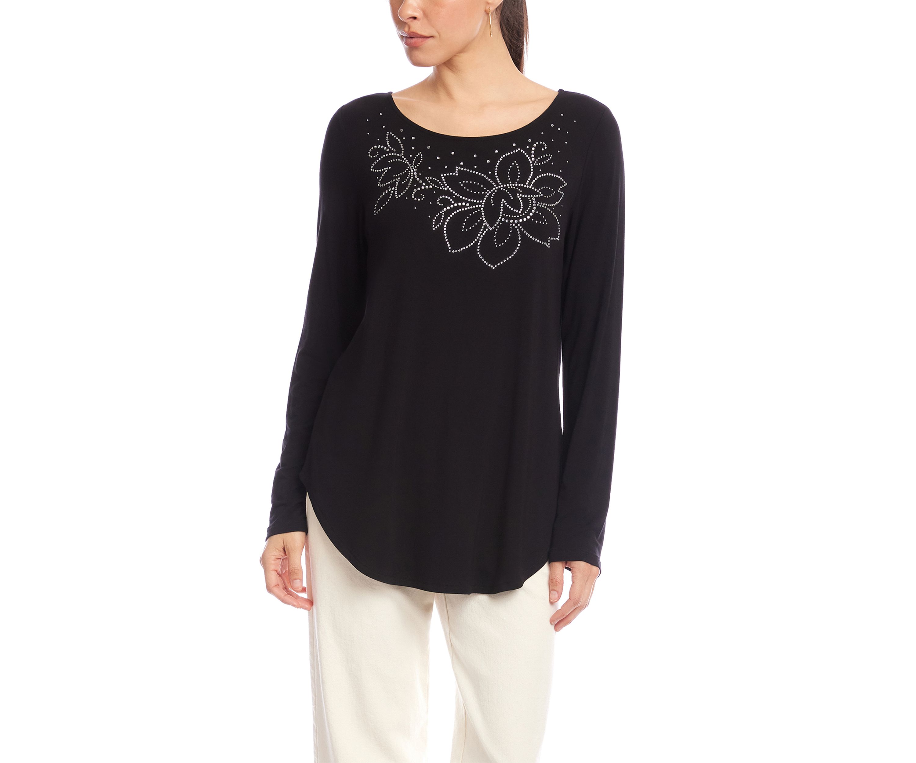 Womens Long Sleeve Embellished Shirttail Top