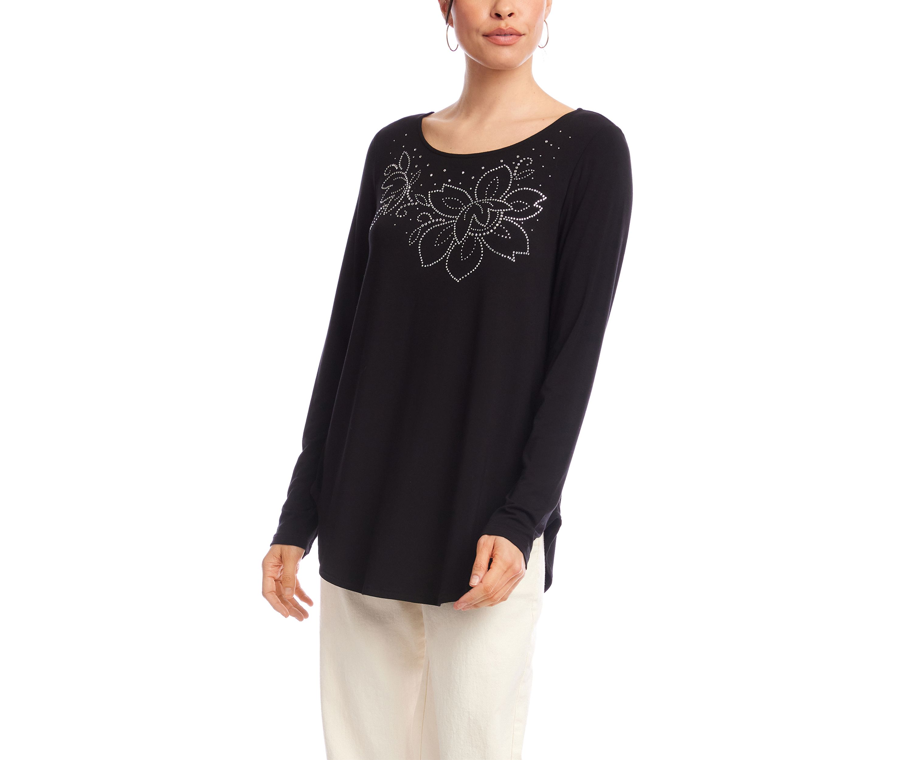 Womens Long Sleeve Embellished Shirttail Top
