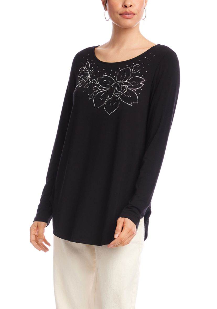 Womens Long Sleeve Embellished Shirttail Top