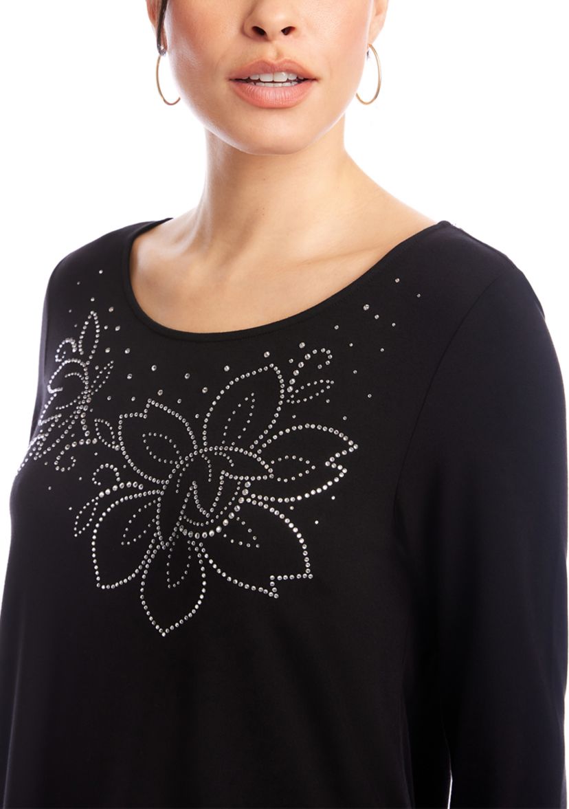 Womens Long Sleeve Embellished Shirttail Top