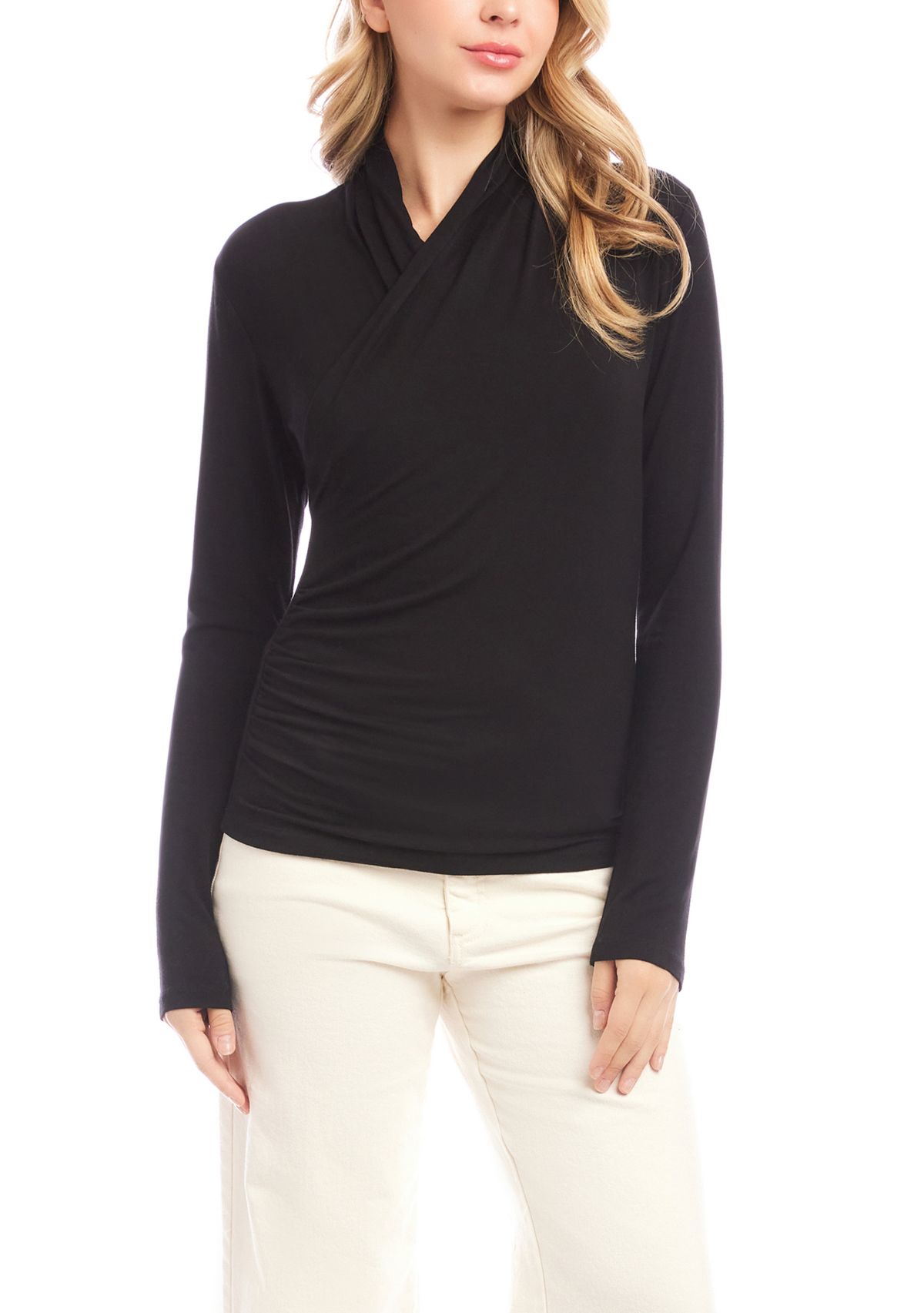 Womens Long Sleeve Crossover Side-Shirred Top