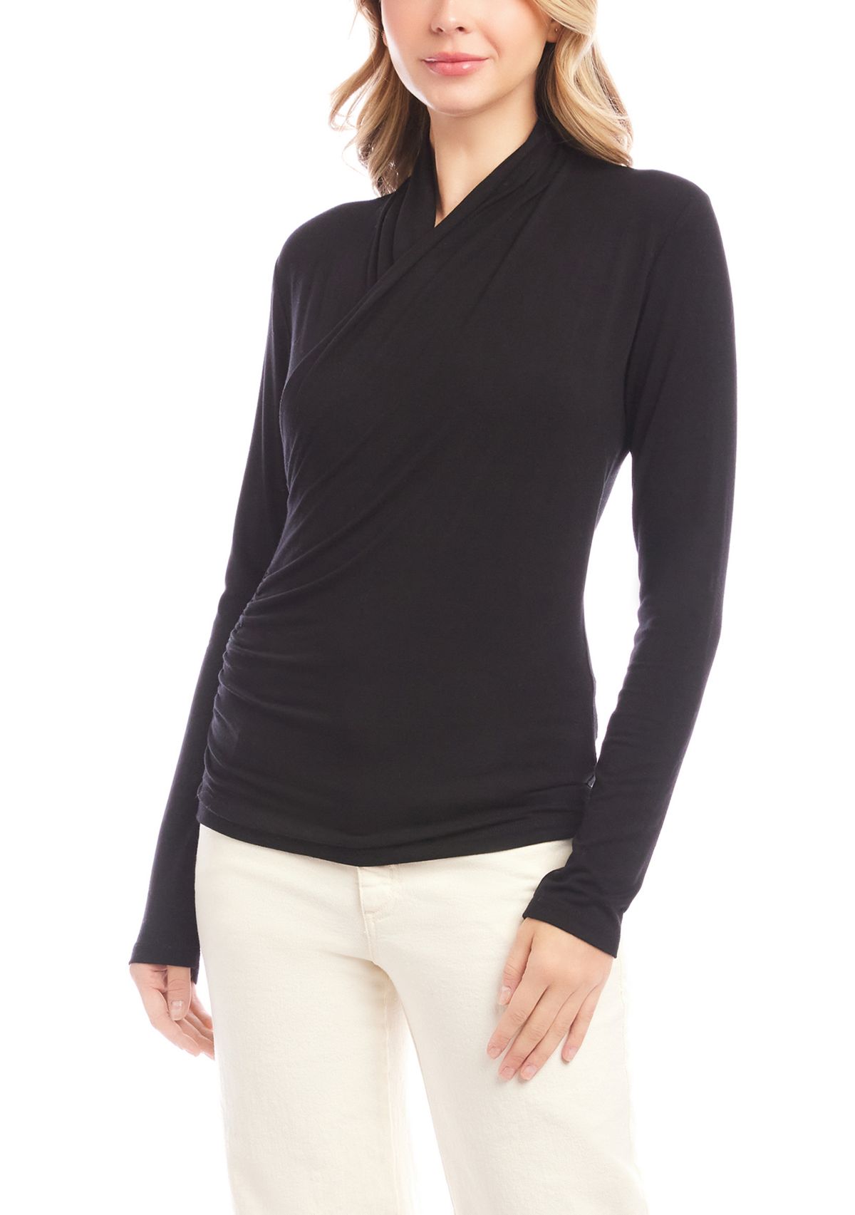 Womens Long Sleeve Crossover Side-Shirred Top