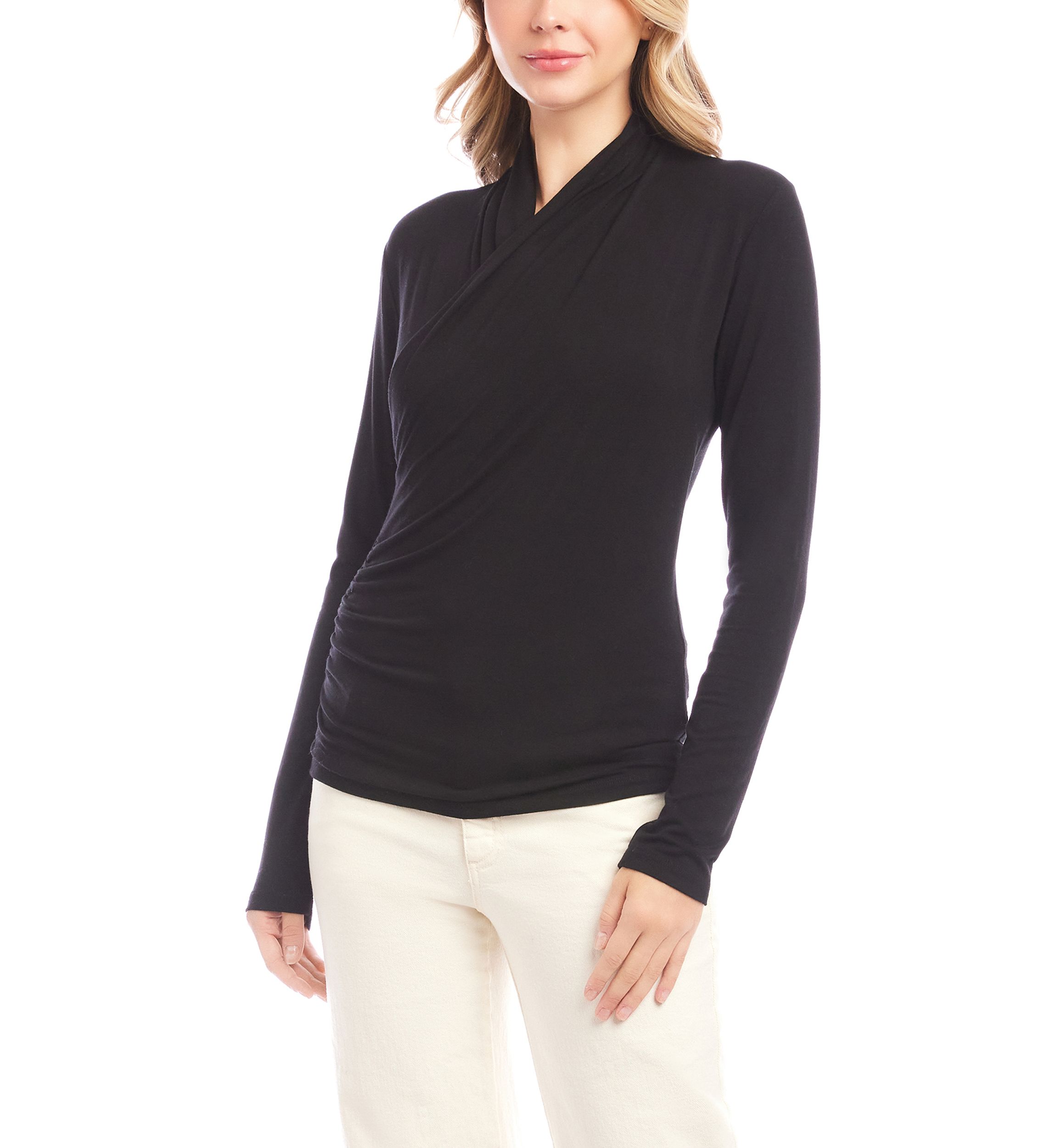 Womens Long Sleeve Crossover Side-Shirred Top