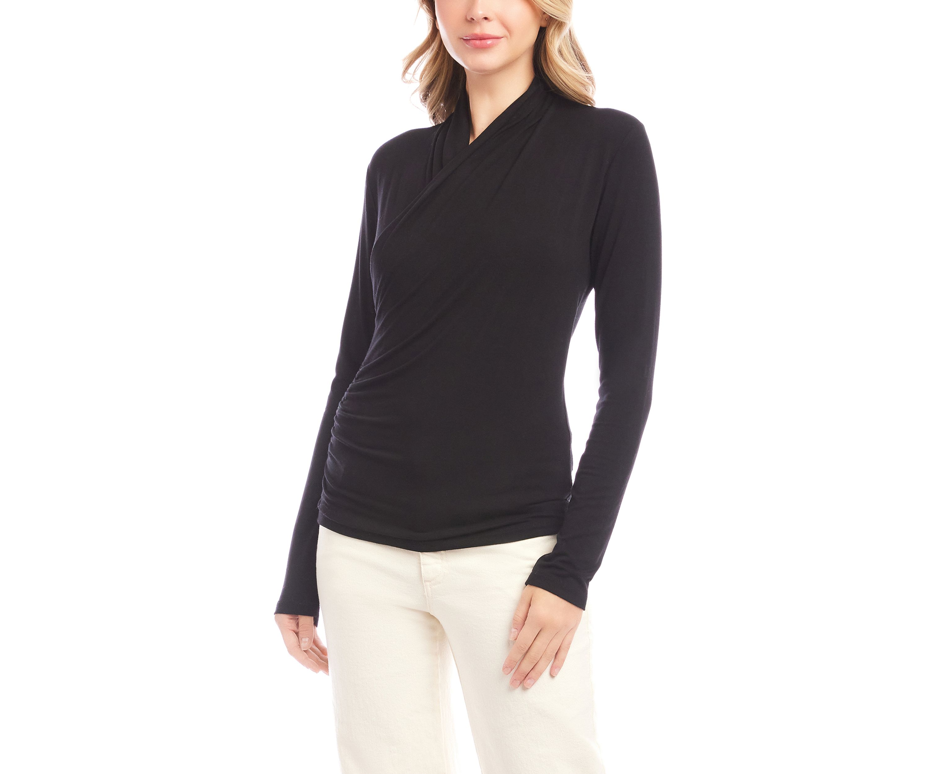 Womens Long Sleeve Crossover Side-Shirred Top