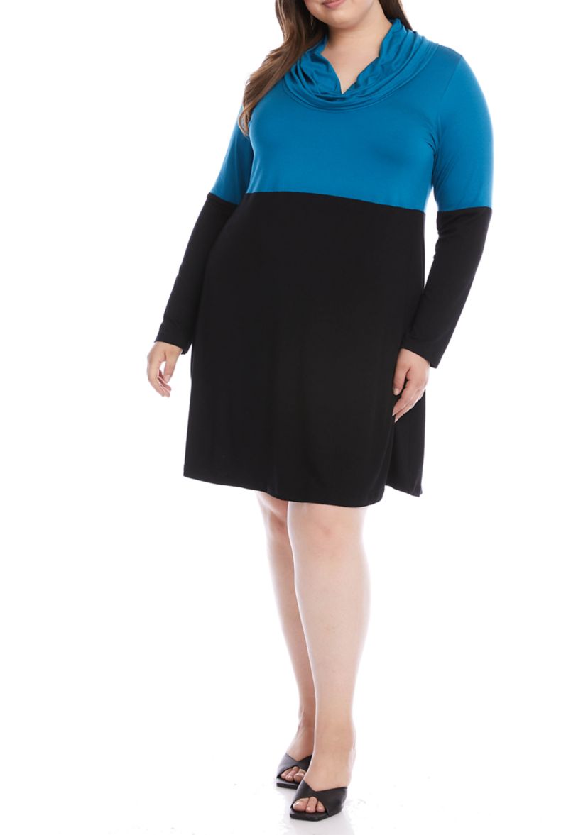 Plus Size Color Block Cowl Neck Rib Dress