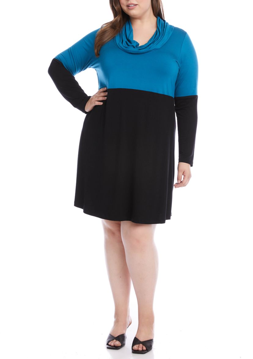 Plus Size Color Block Cowl Neck Rib Dress