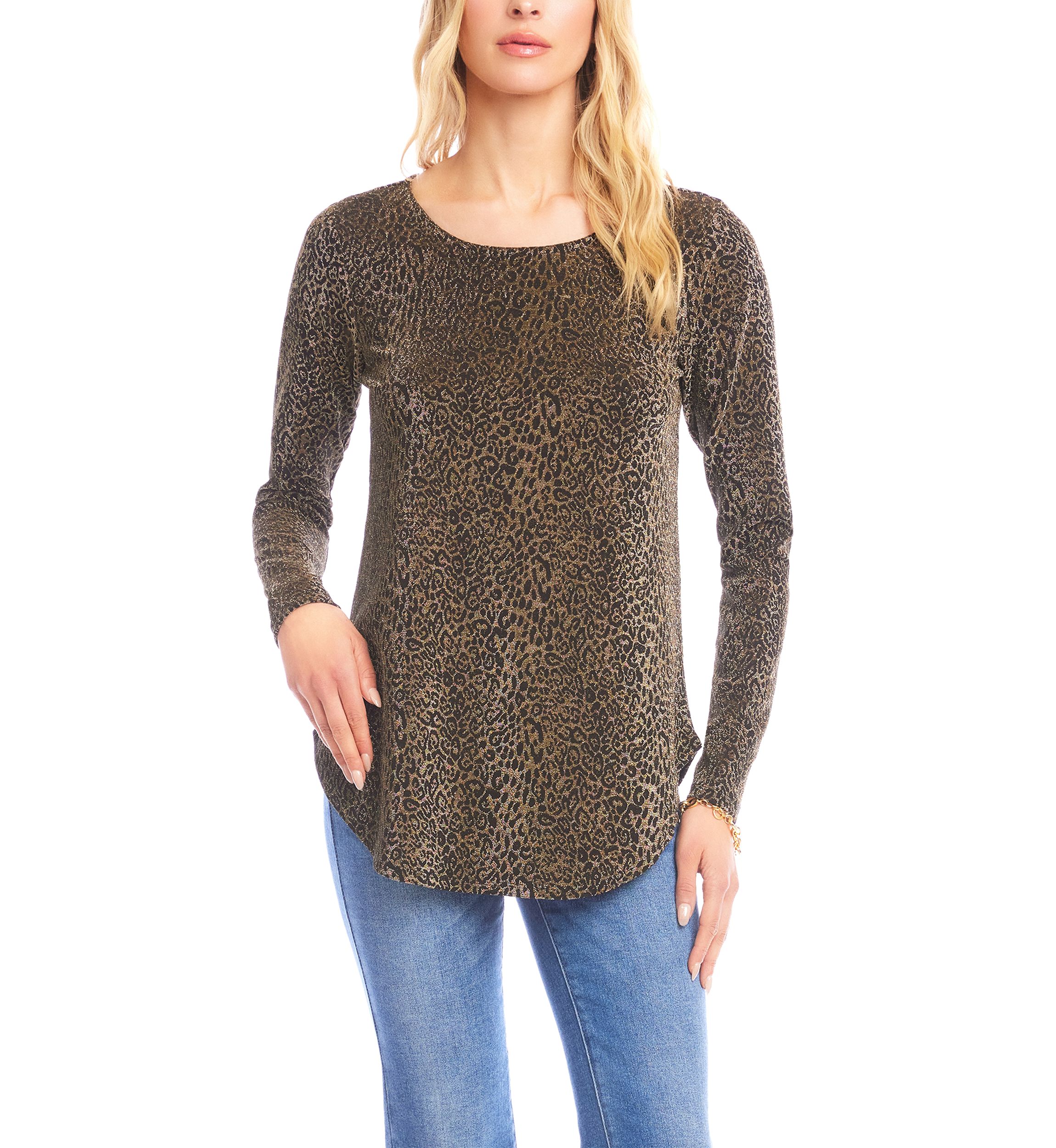 Petite Size Long Sleeve Metallic Knit Shirttail Top