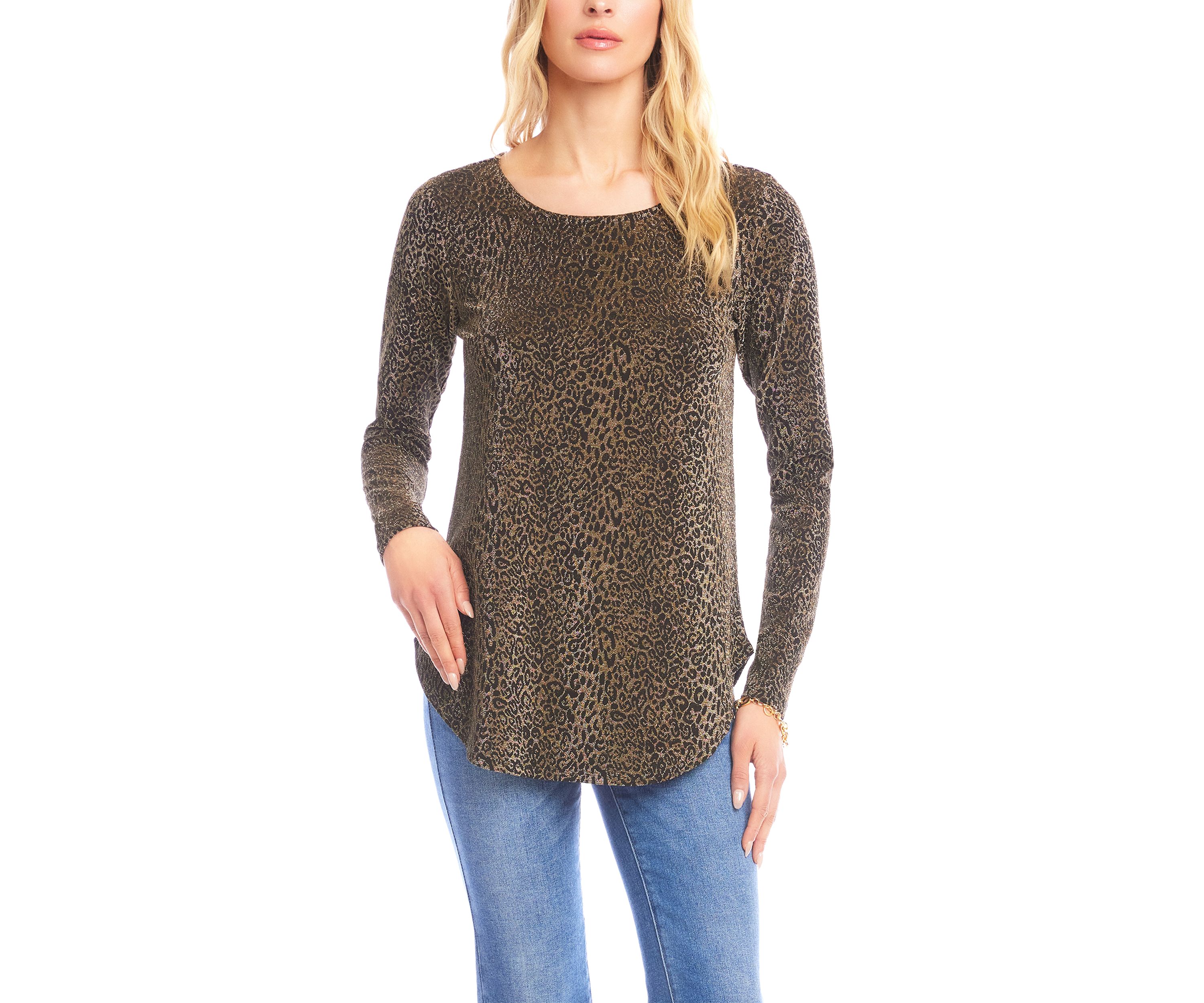Petite Size Long Sleeve Metallic Knit Shirttail Top