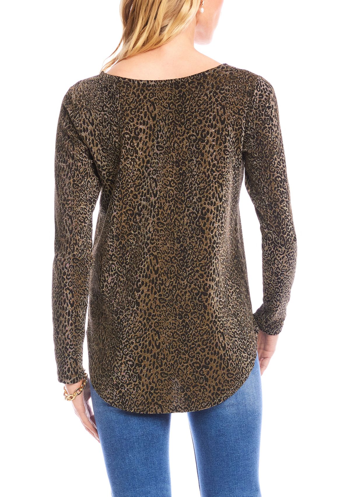 Petite Size Long Sleeve Metallic Knit Shirttail Top