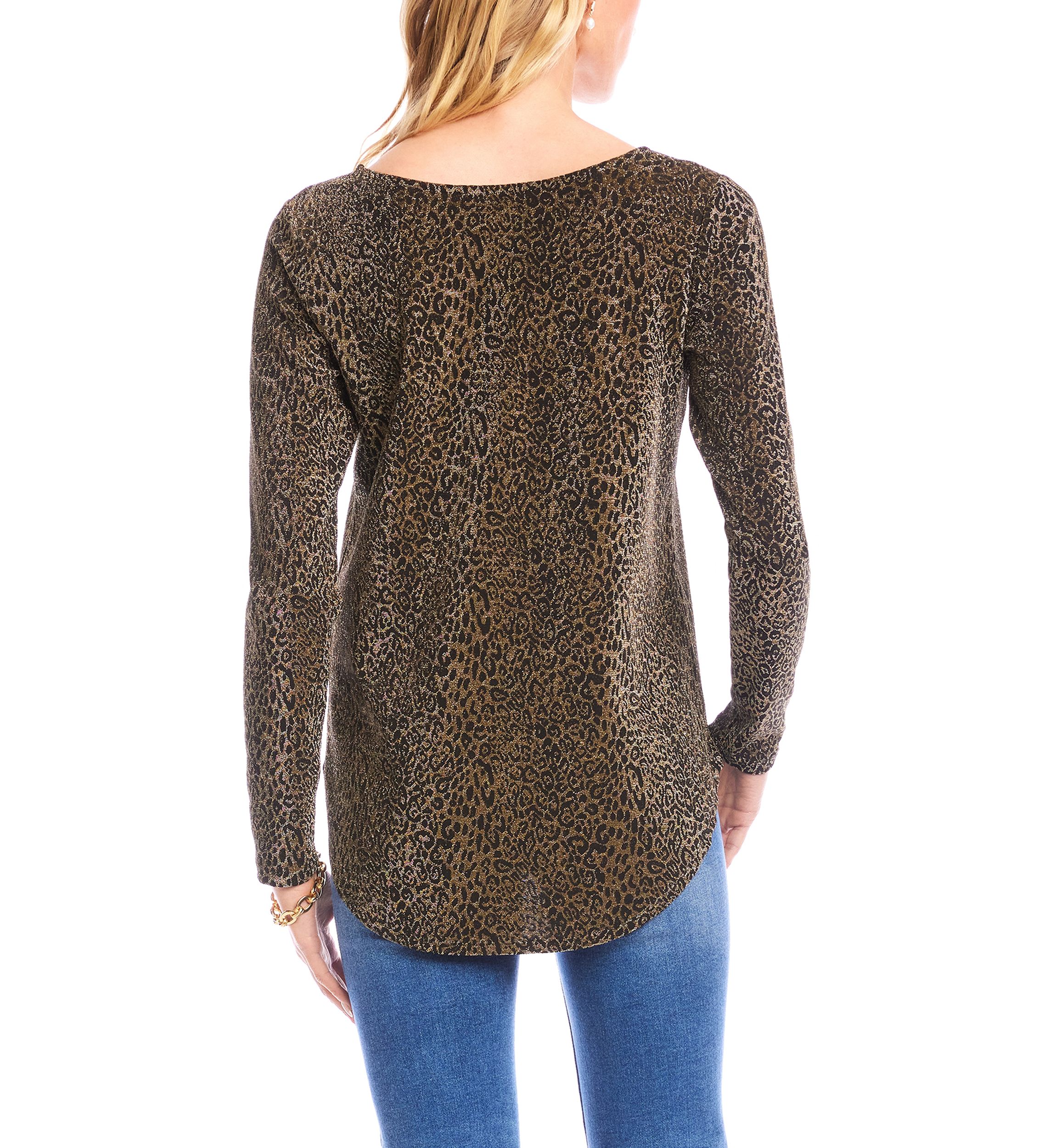 Petite Size Long Sleeve Metallic Knit Shirttail Top