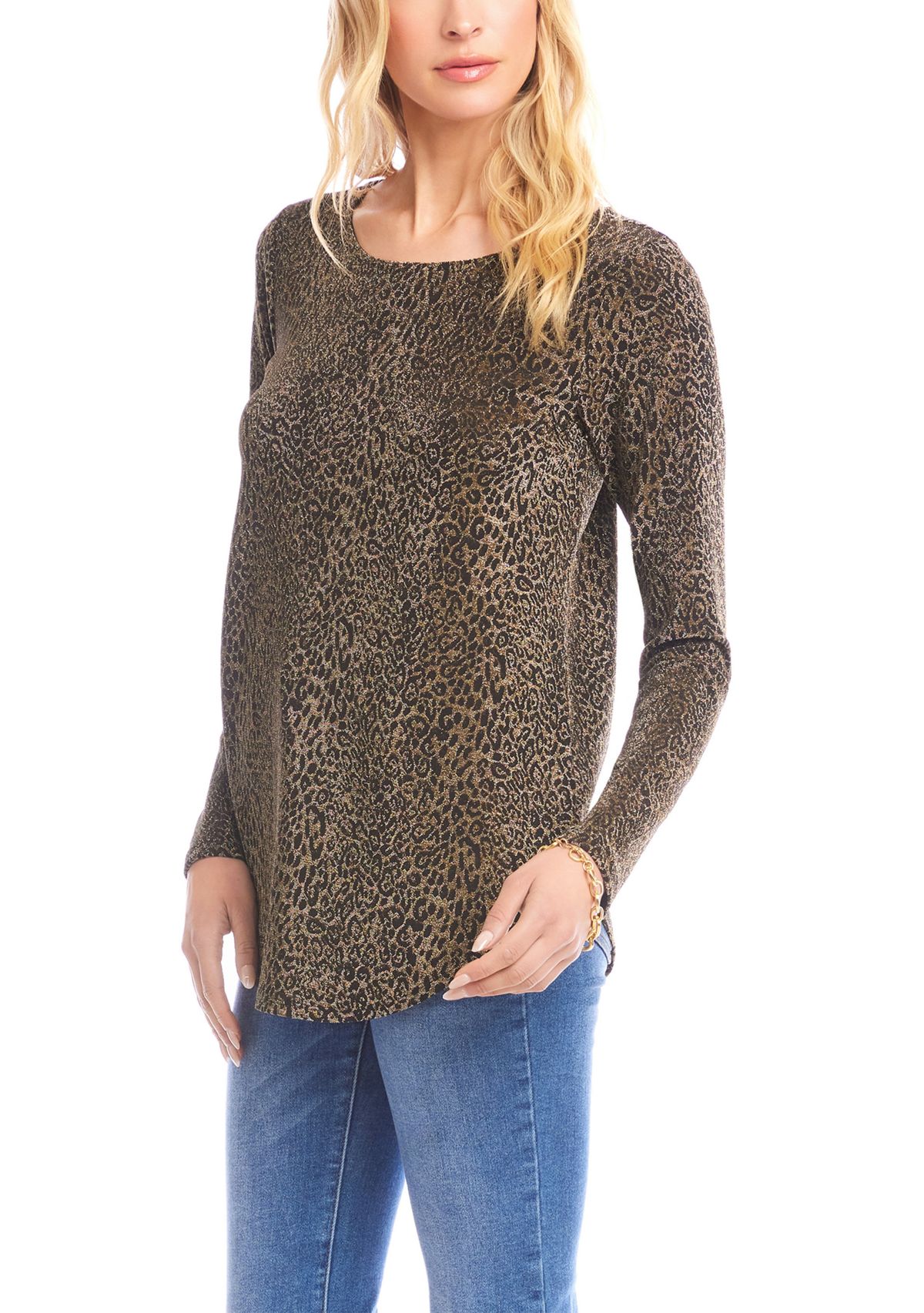 Petite Size Long Sleeve Metallic Knit Shirttail Top