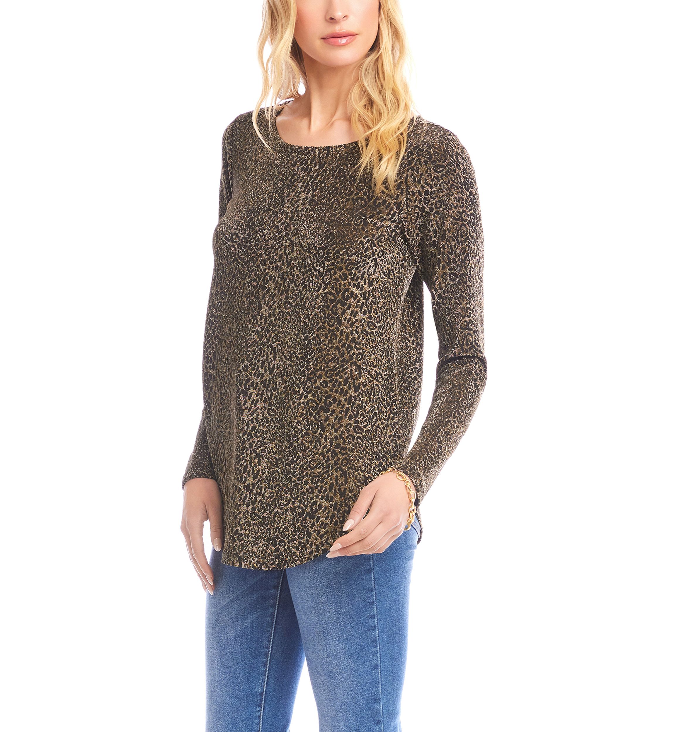 Petite Size Long Sleeve Metallic Knit Shirttail Top