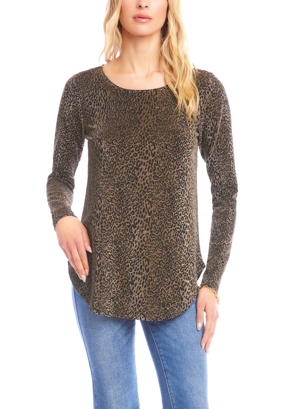 Womens Long Sleeve Metallic Knit Shirttail Top