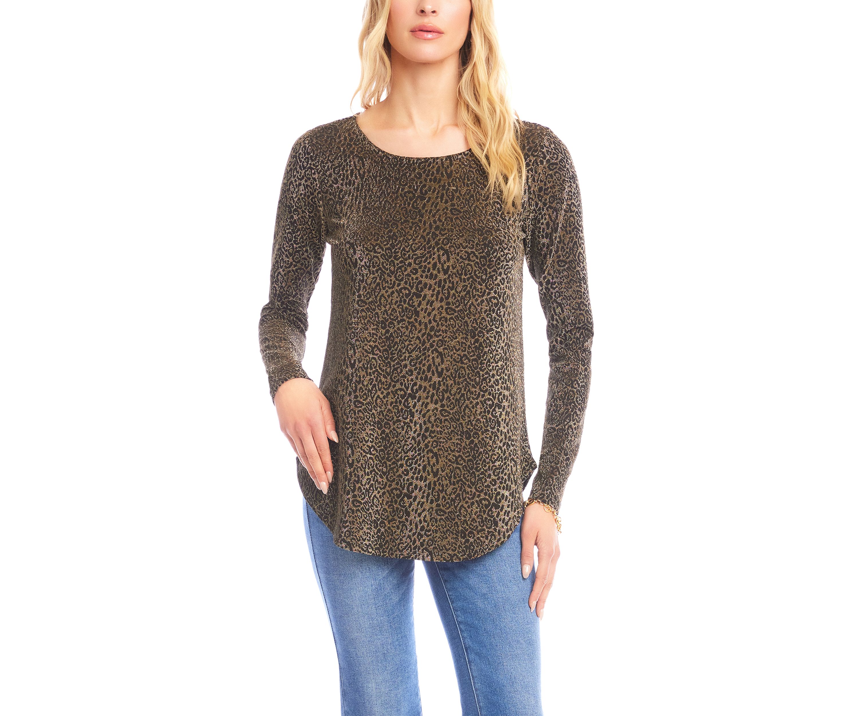 Womens Long Sleeve Metallic Knit Shirttail Top