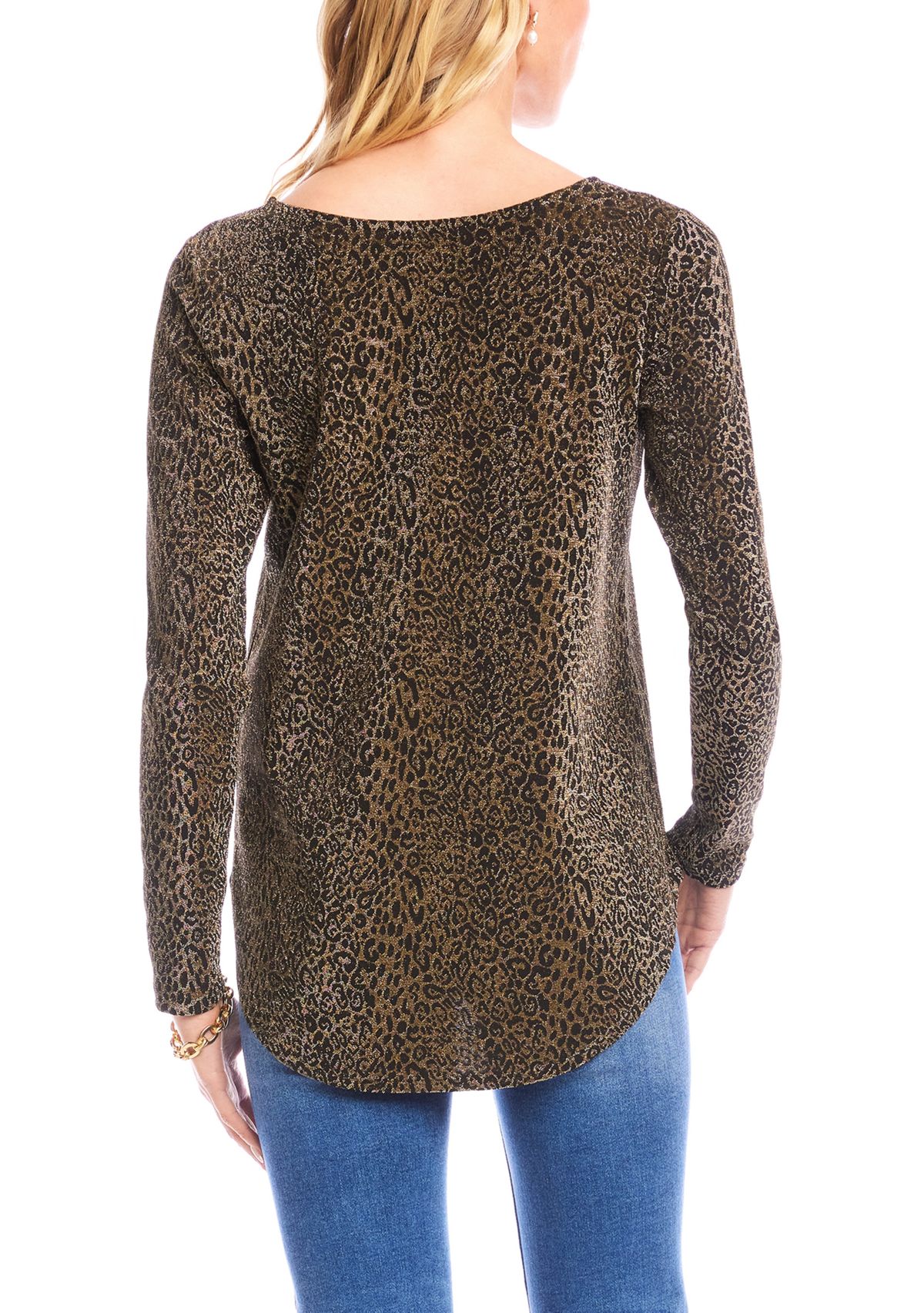 Womens Long Sleeve Metallic Knit Shirttail Top