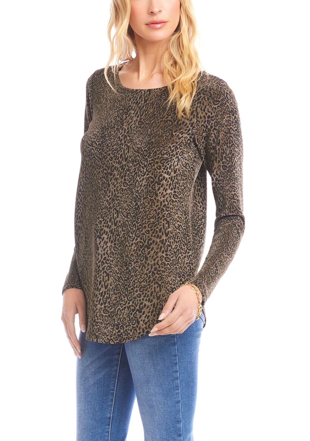 Womens Long Sleeve Metallic Knit Shirttail Top