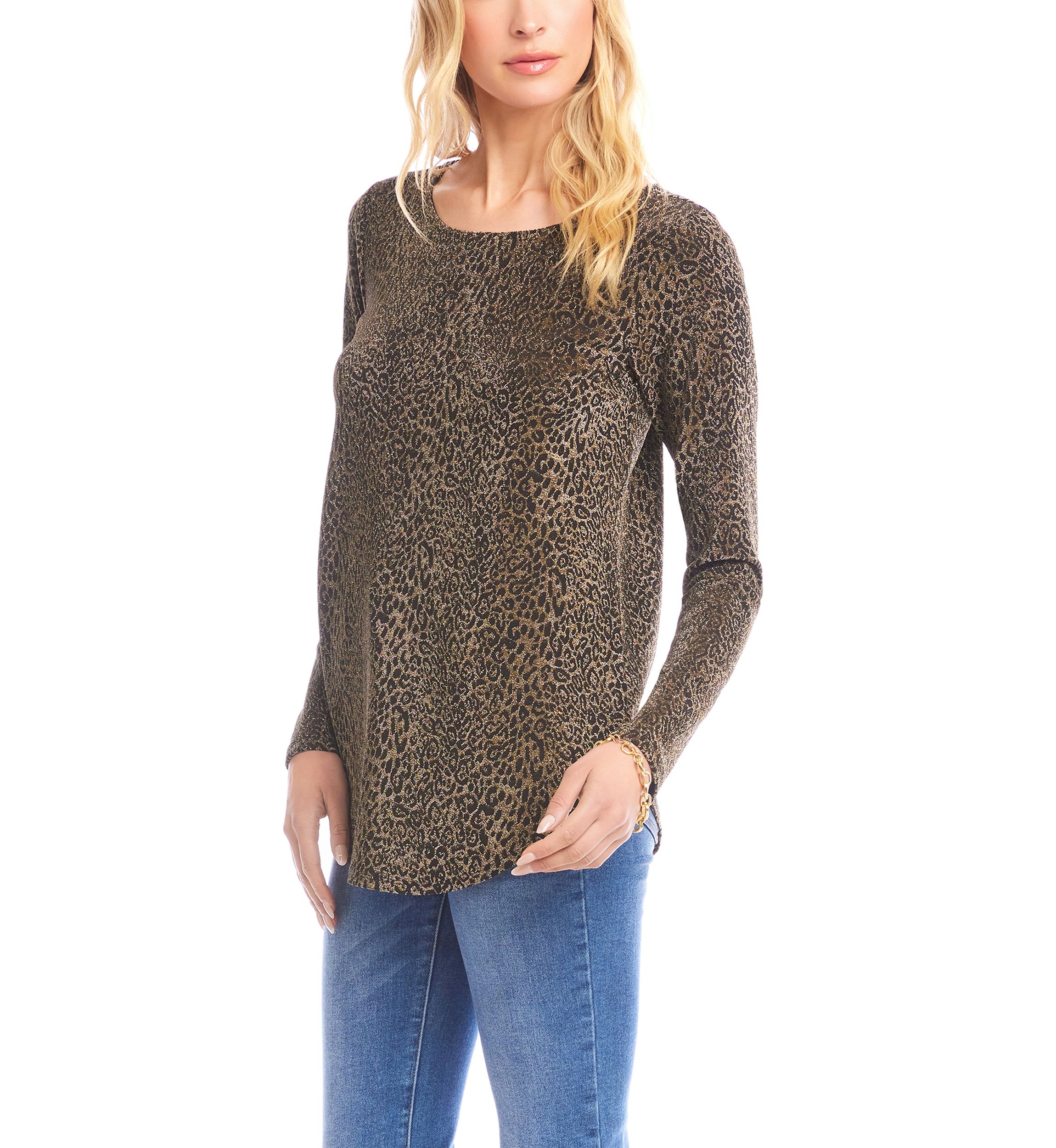 Womens Long Sleeve Metallic Knit Shirttail Top