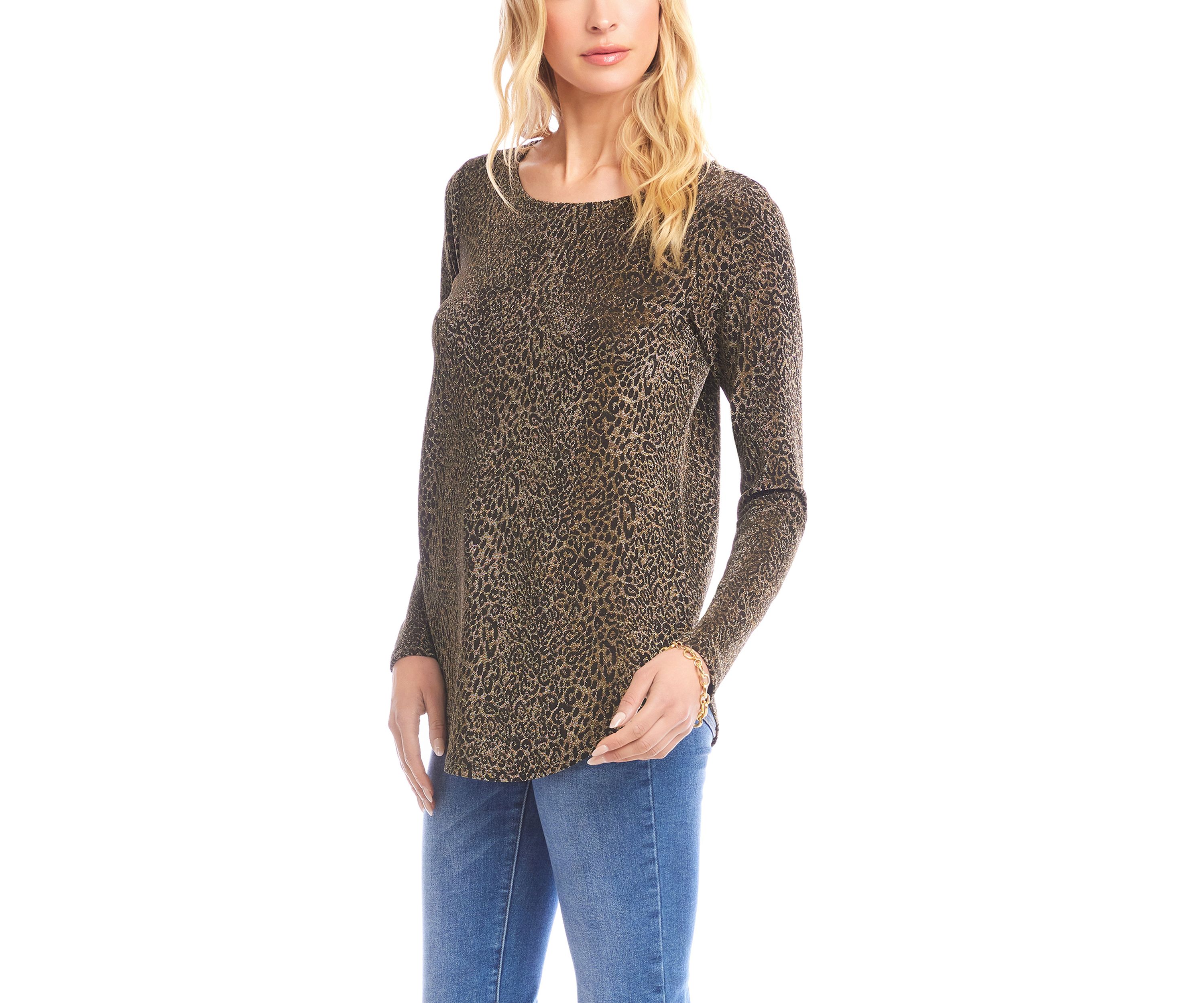 Womens Long Sleeve Metallic Knit Shirttail Top
