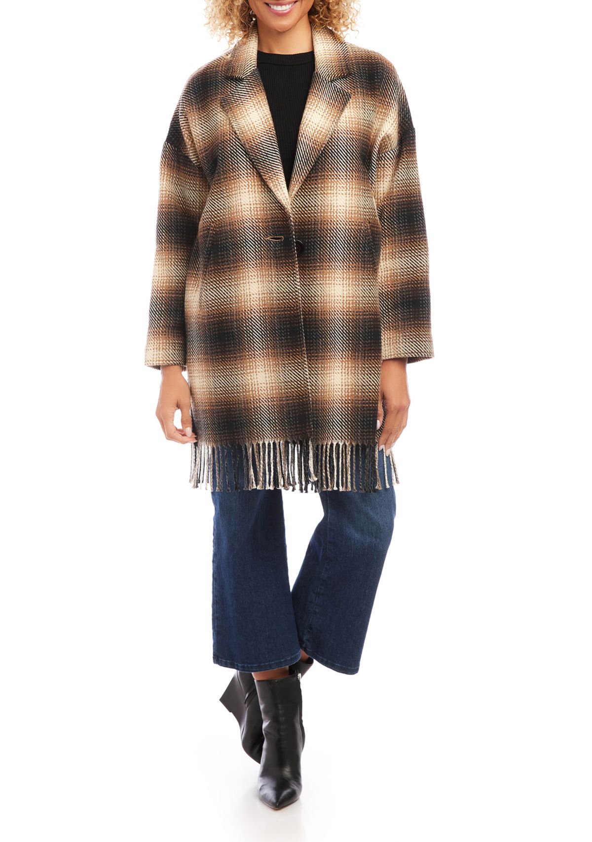 Womens Plaid Fringe Jacket