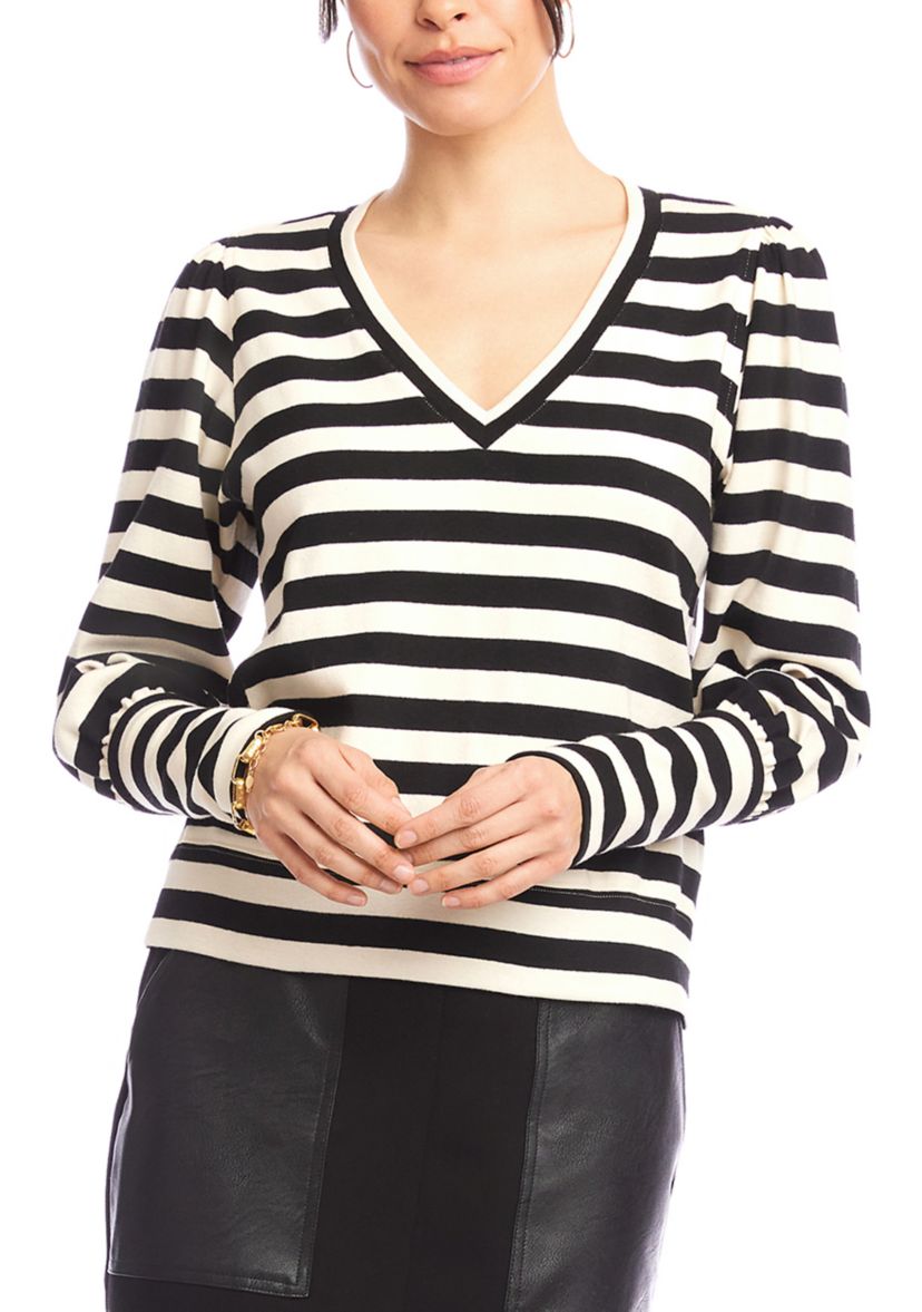 Petite Size Stripe Bishop Sleeve V-Neck Top