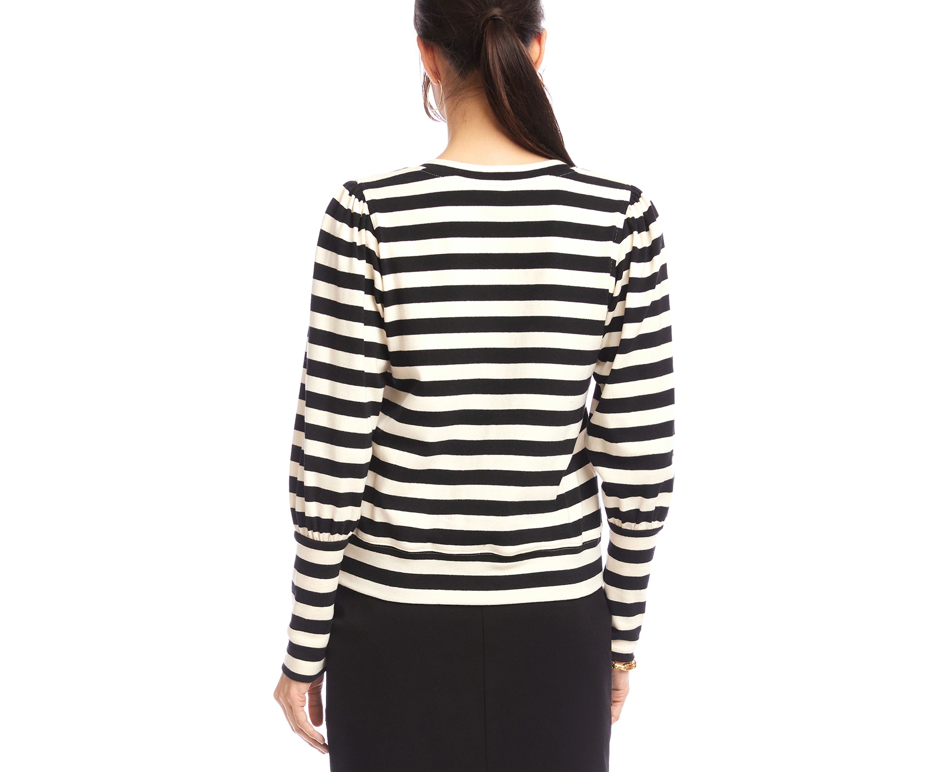 Petite Size Stripe Bishop Sleeve V-Neck Top