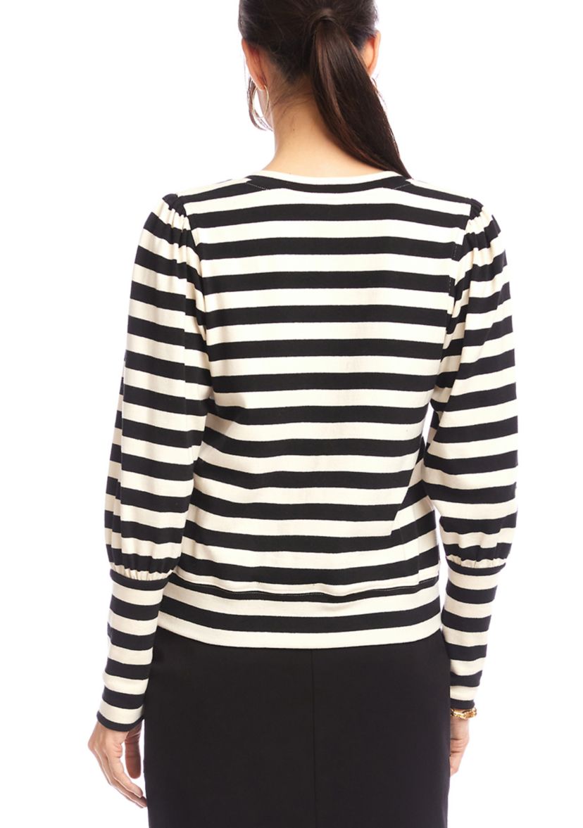 Petite Size Stripe Bishop Sleeve V-Neck Top
