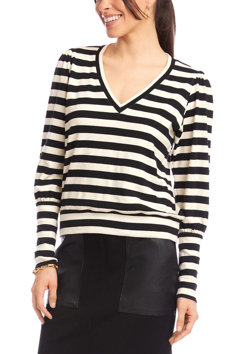 Petite Size Stripe Bishop Sleeve V-Neck Top