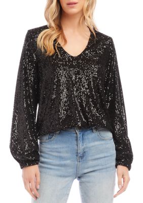 Women's Sequin Long Sleeve Blouson Top