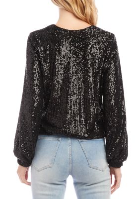 Women's Sequin Long Sleeve Blouson Top