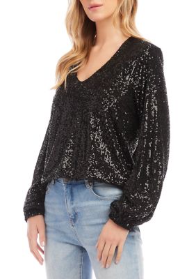 Women's Sequin Long Sleeve Blouson Top