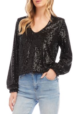 Women's Sequin Long Sleeve Blouson Top