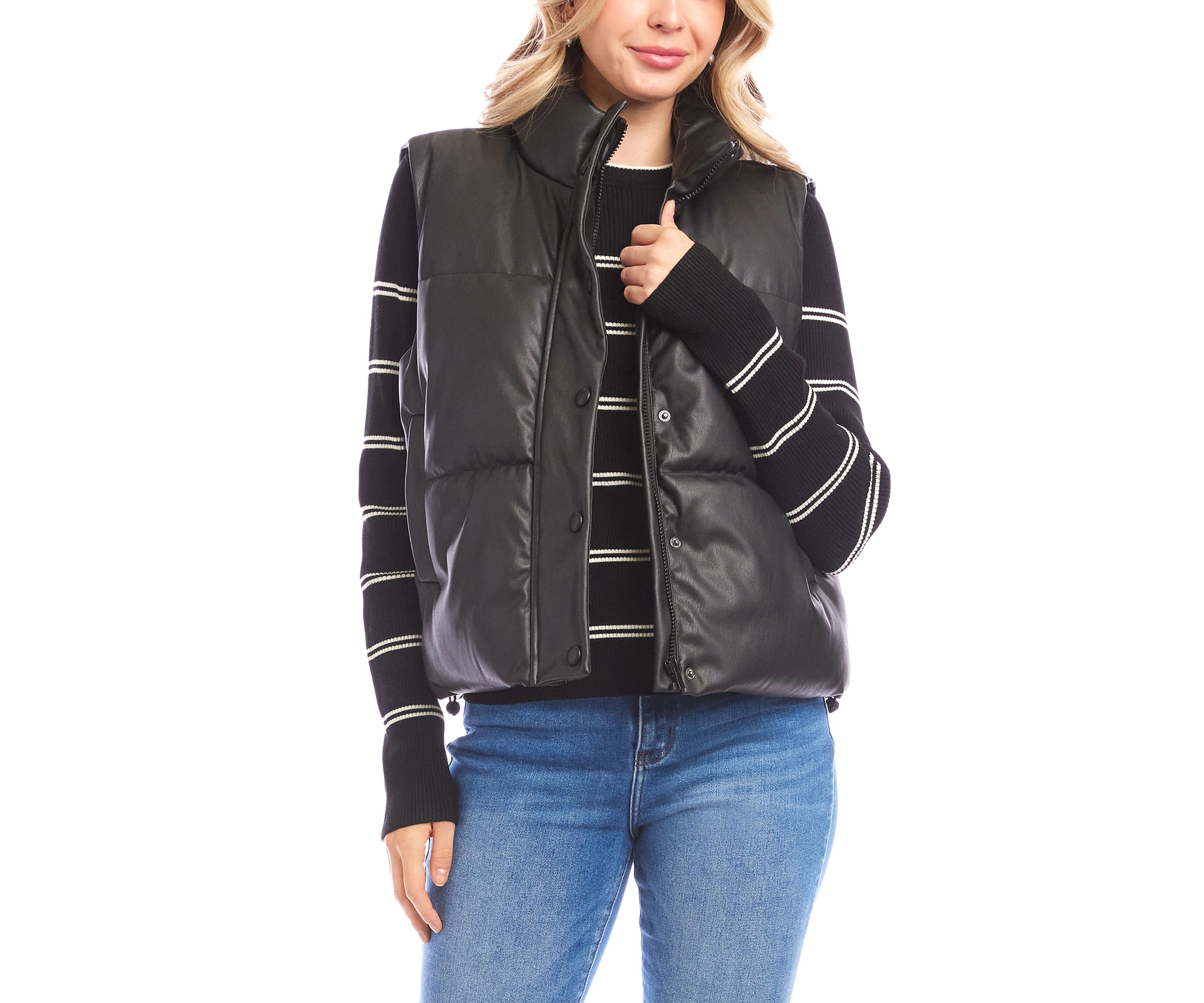 Womens Faux Leather Quilted Puffer Vest