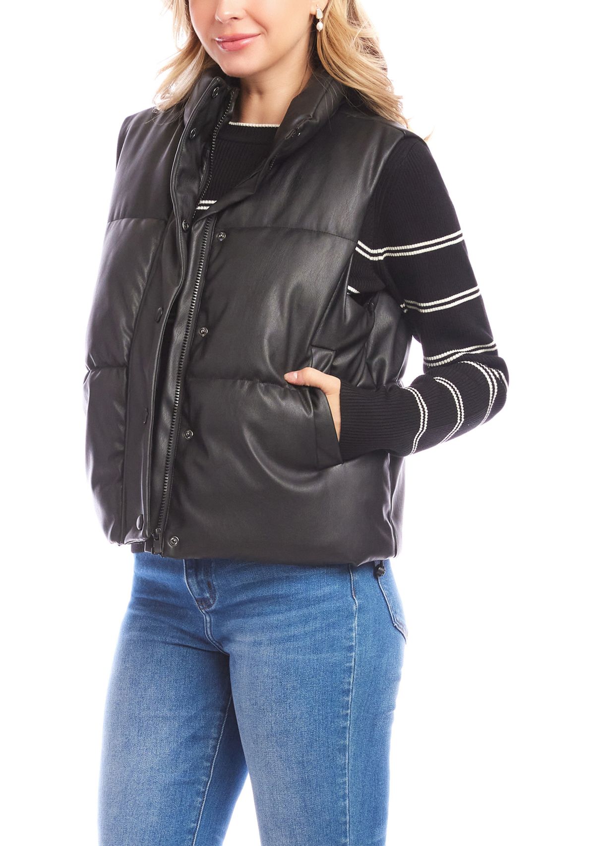 Womens Faux Leather Quilted Puffer Vest