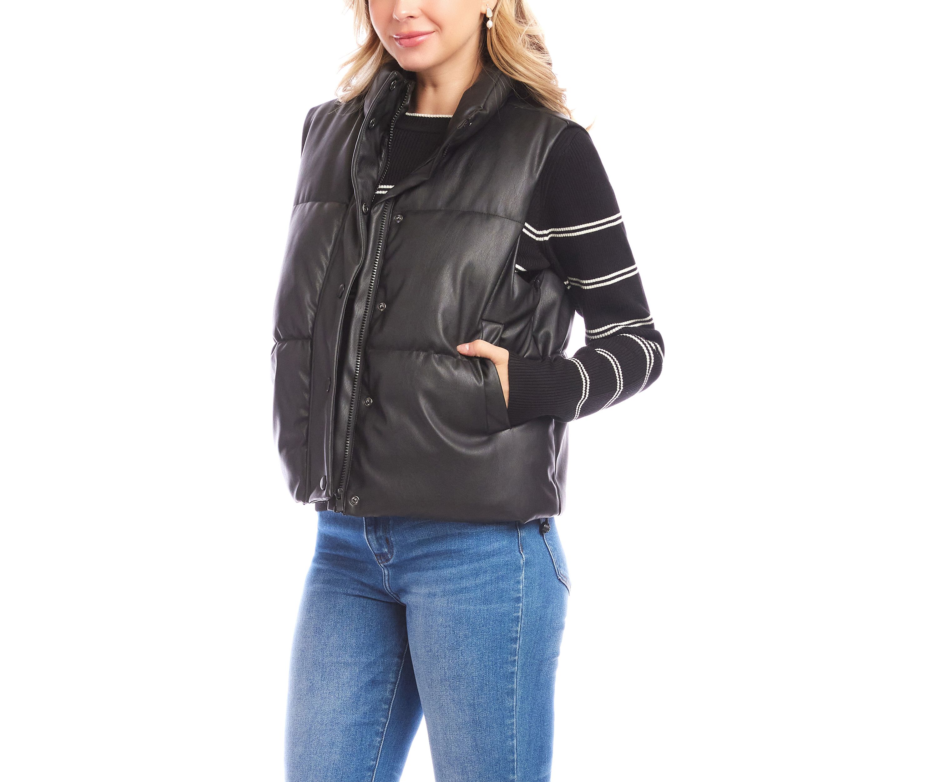 Womens Faux Leather Quilted Puffer Vest