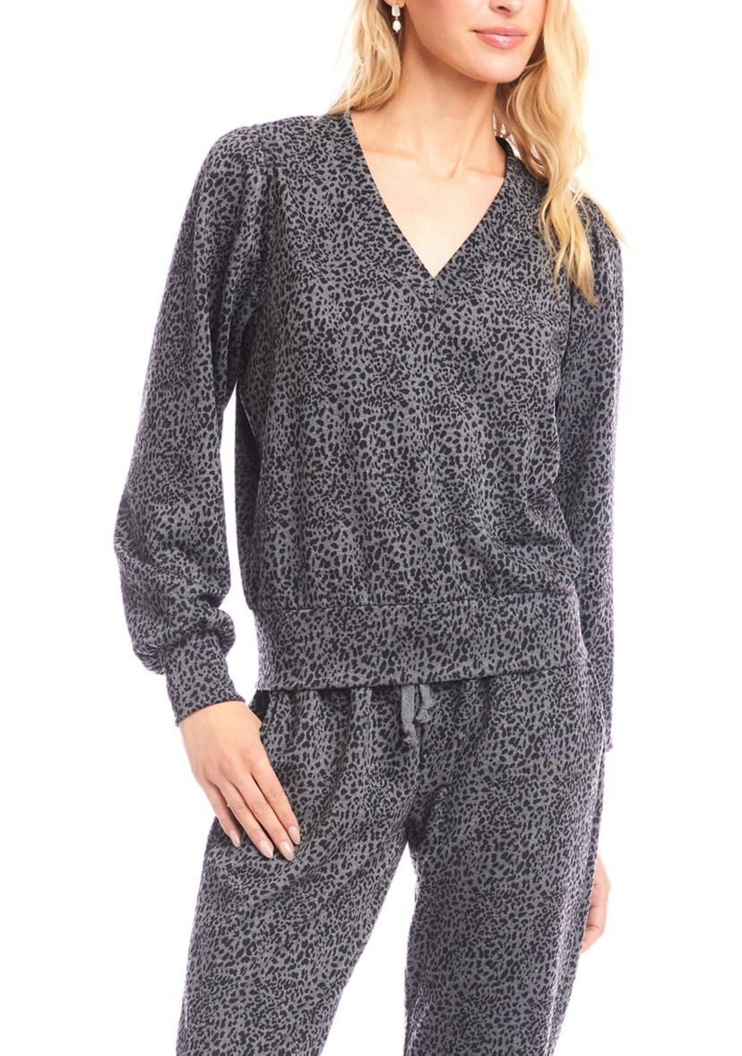 Womens Animal Print Puff Sleeve V-Neck Sweatshirt 