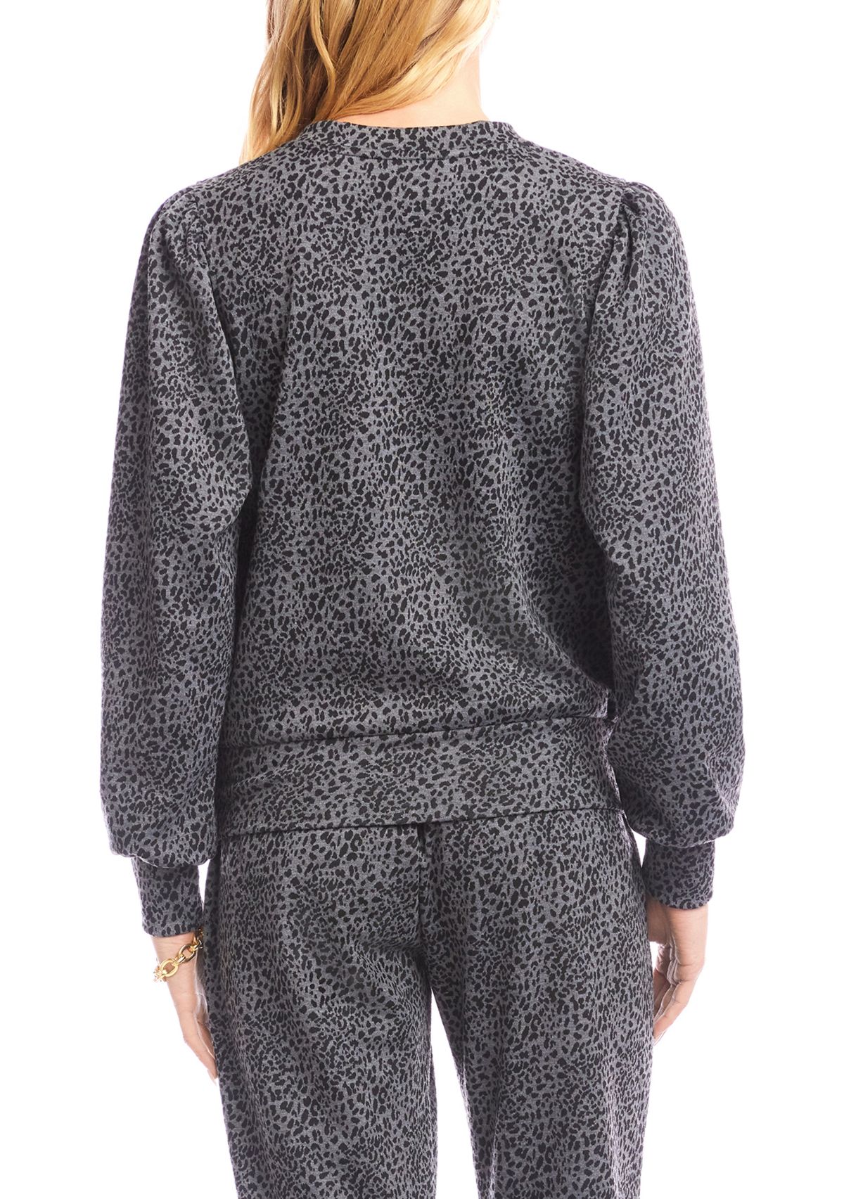 Womens Animal Print Puff Sleeve V-Neck Sweatshirt 