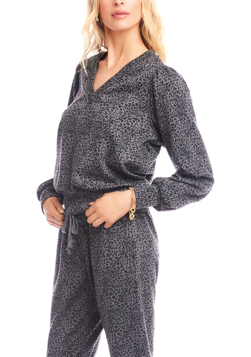 Womens Animal Print Puff Sleeve V-Neck Sweatshirt 