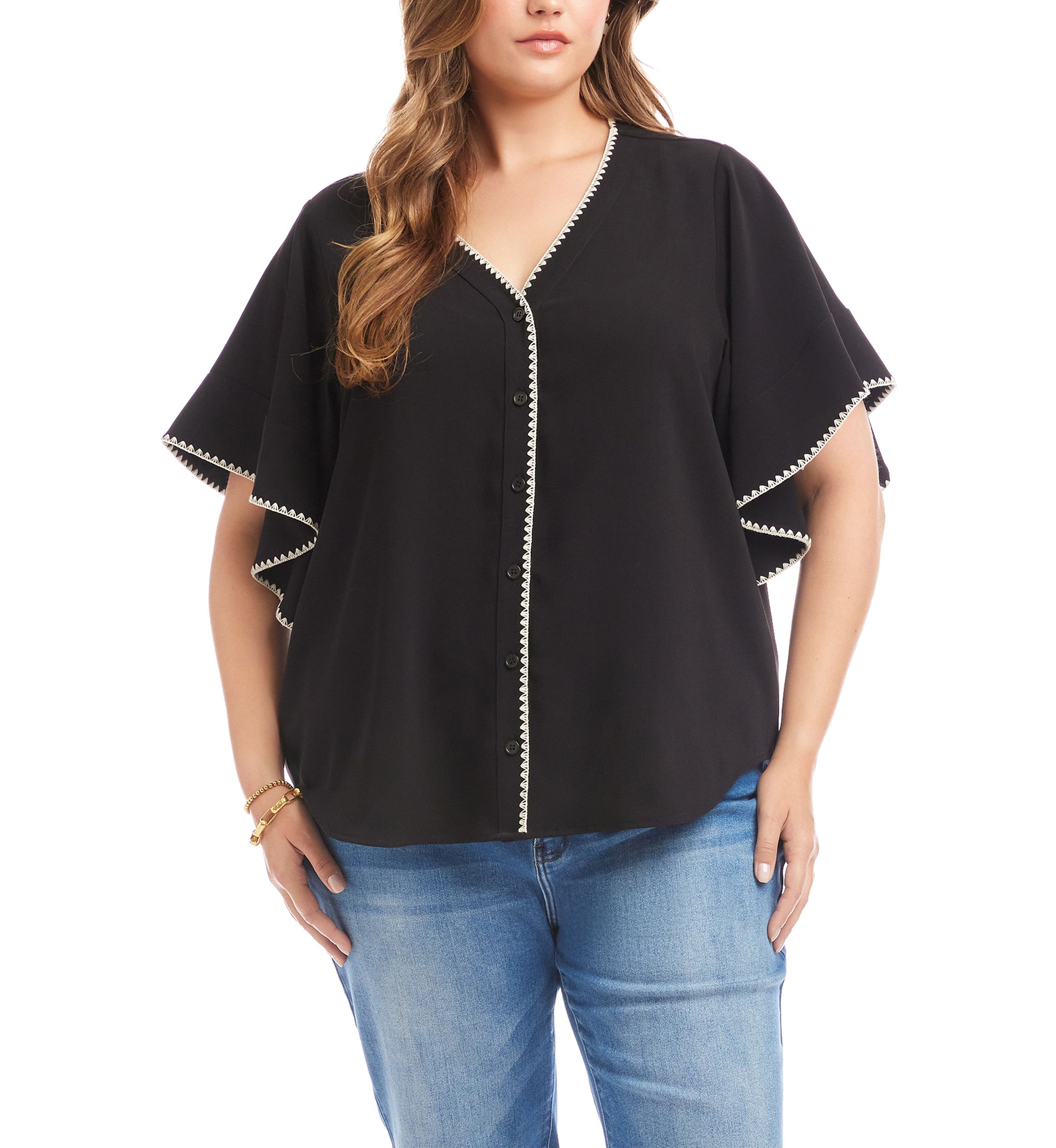Plus Size Flutter Sleeve Edge Stitch Top