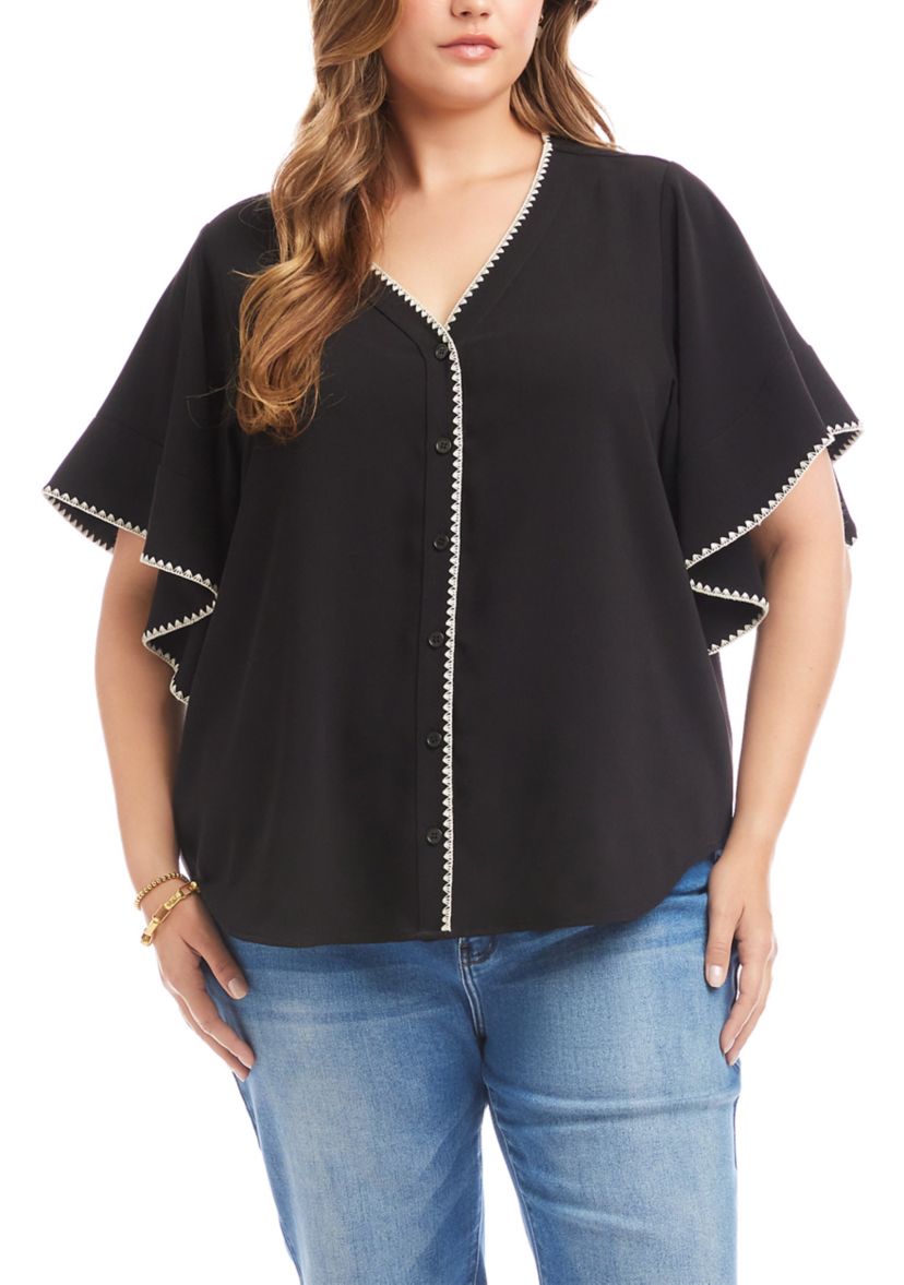 Plus Size Flutter Sleeve Edge Stitch Top