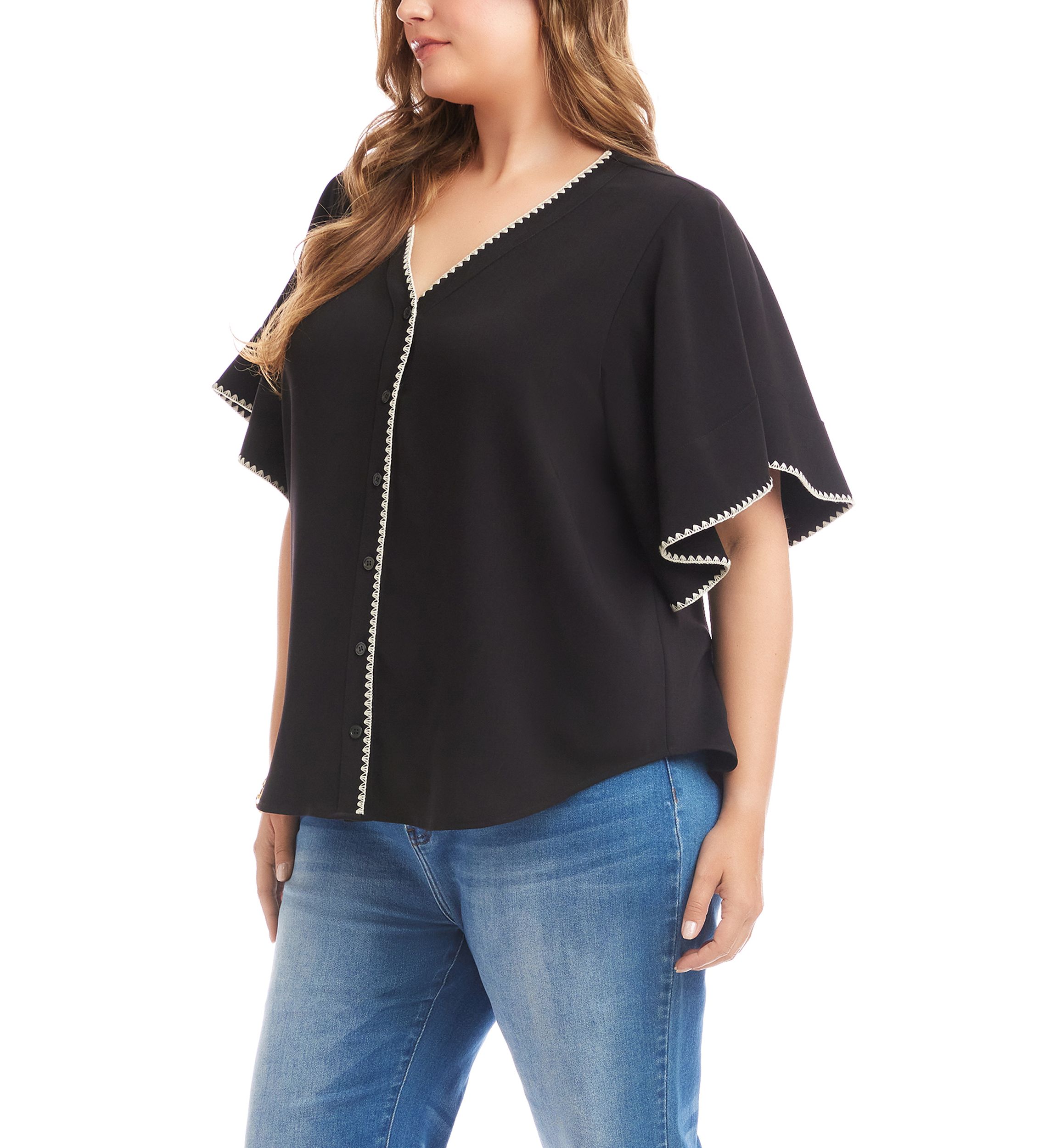 Plus Size Flutter Sleeve Edge Stitch Top