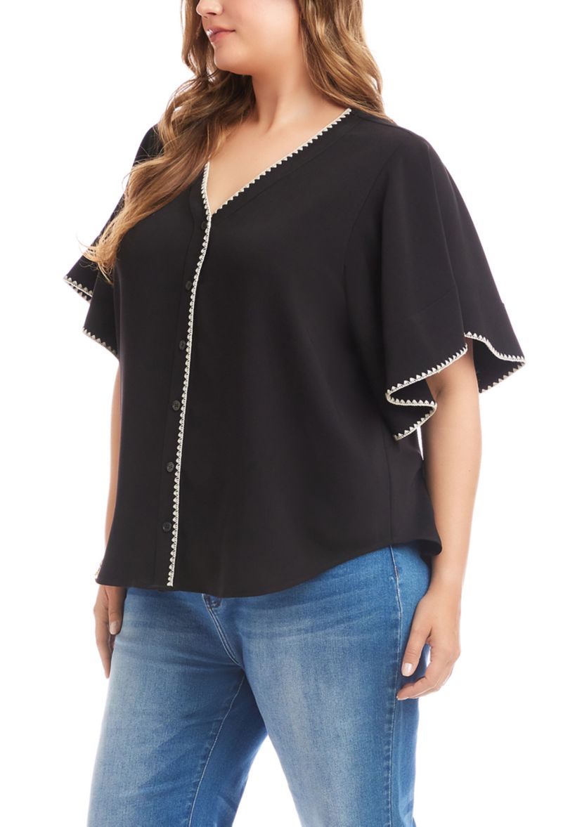 Plus Size Flutter Sleeve Edge Stitch Top