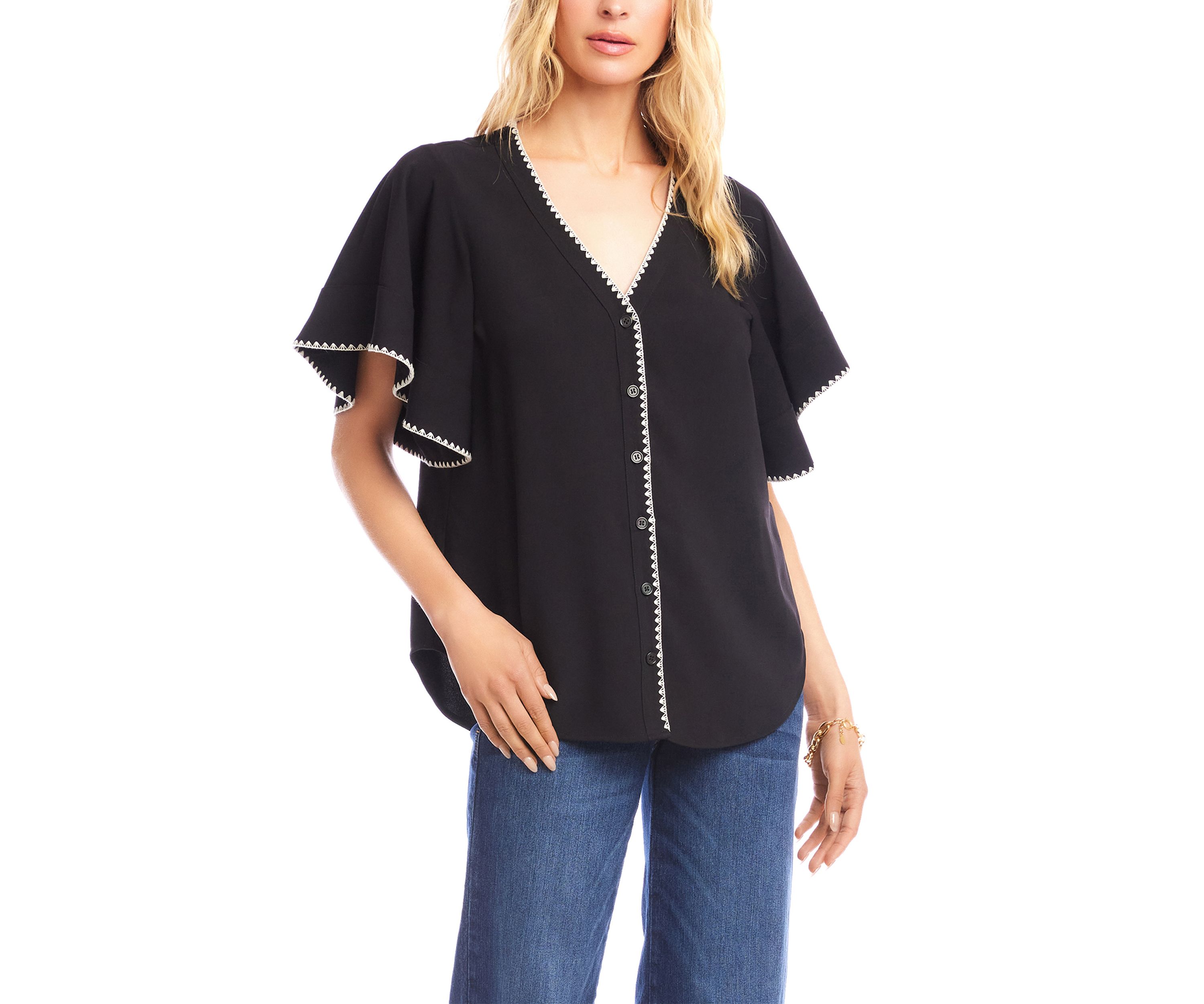 Womens Flutter Sleeve Edge Stitch Top