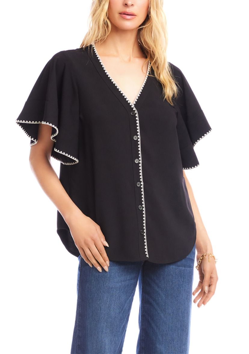 Womens Flutter Sleeve Edge Stitch Top