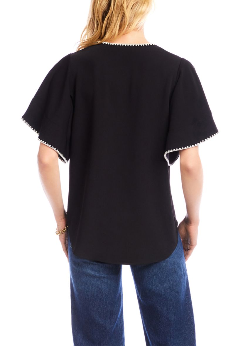 Womens Flutter Sleeve Edge Stitch Top