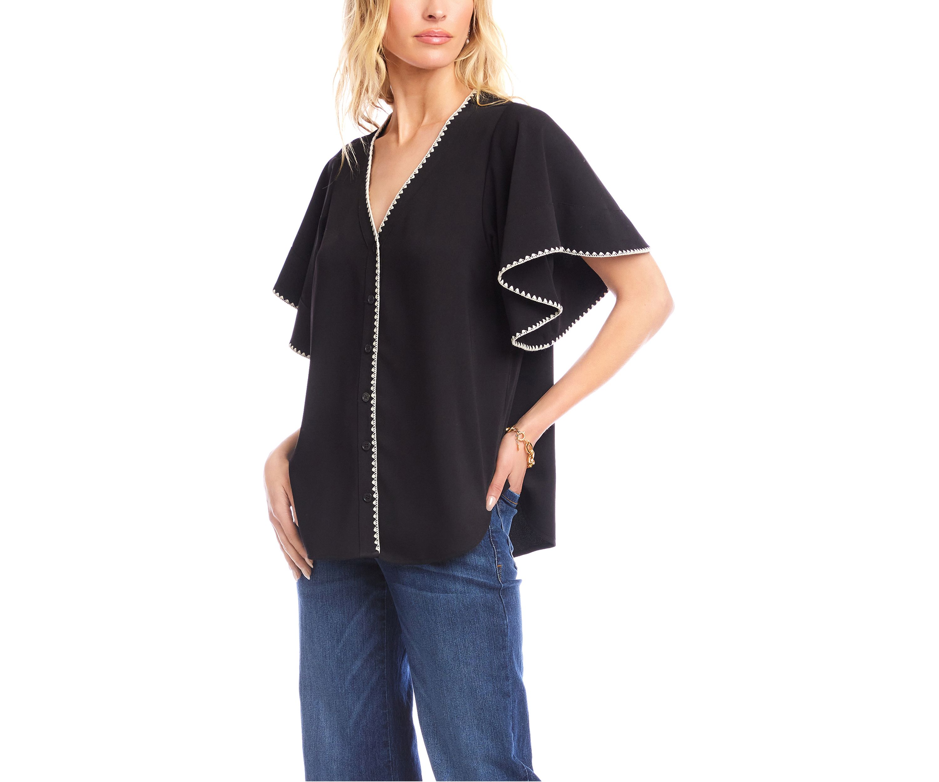 Womens Flutter Sleeve Edge Stitch Top