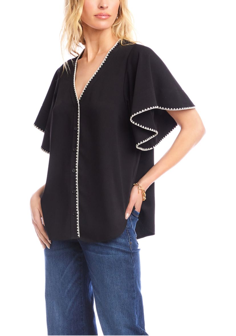 Womens Flutter Sleeve Edge Stitch Top
