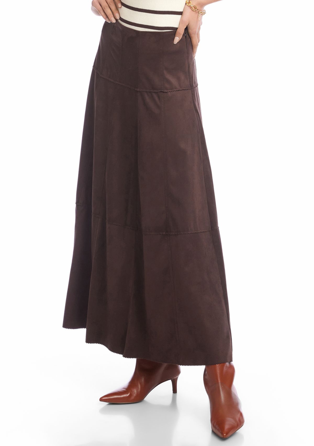 Womens Tiered Faux Suede Midi Skirt