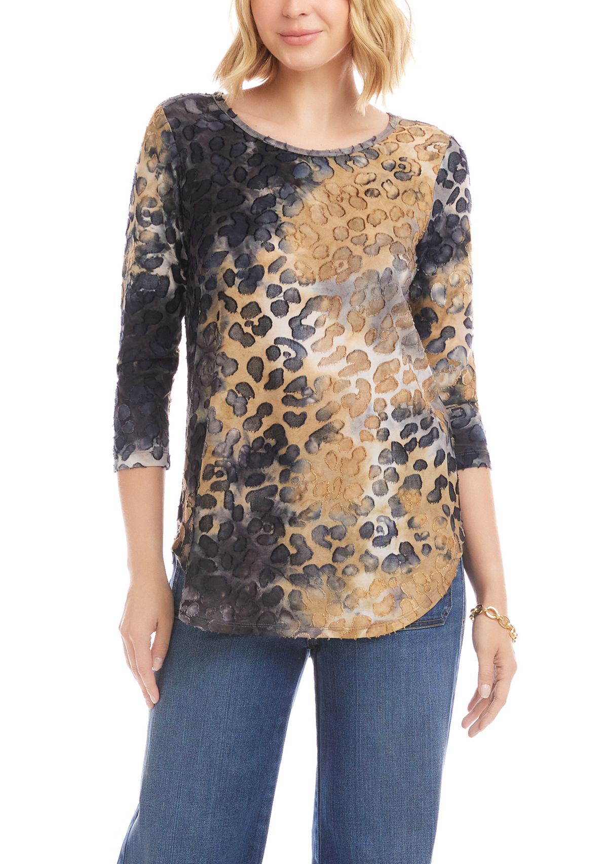 Womens 3/4 Sleeve Burnout Shirttail Top