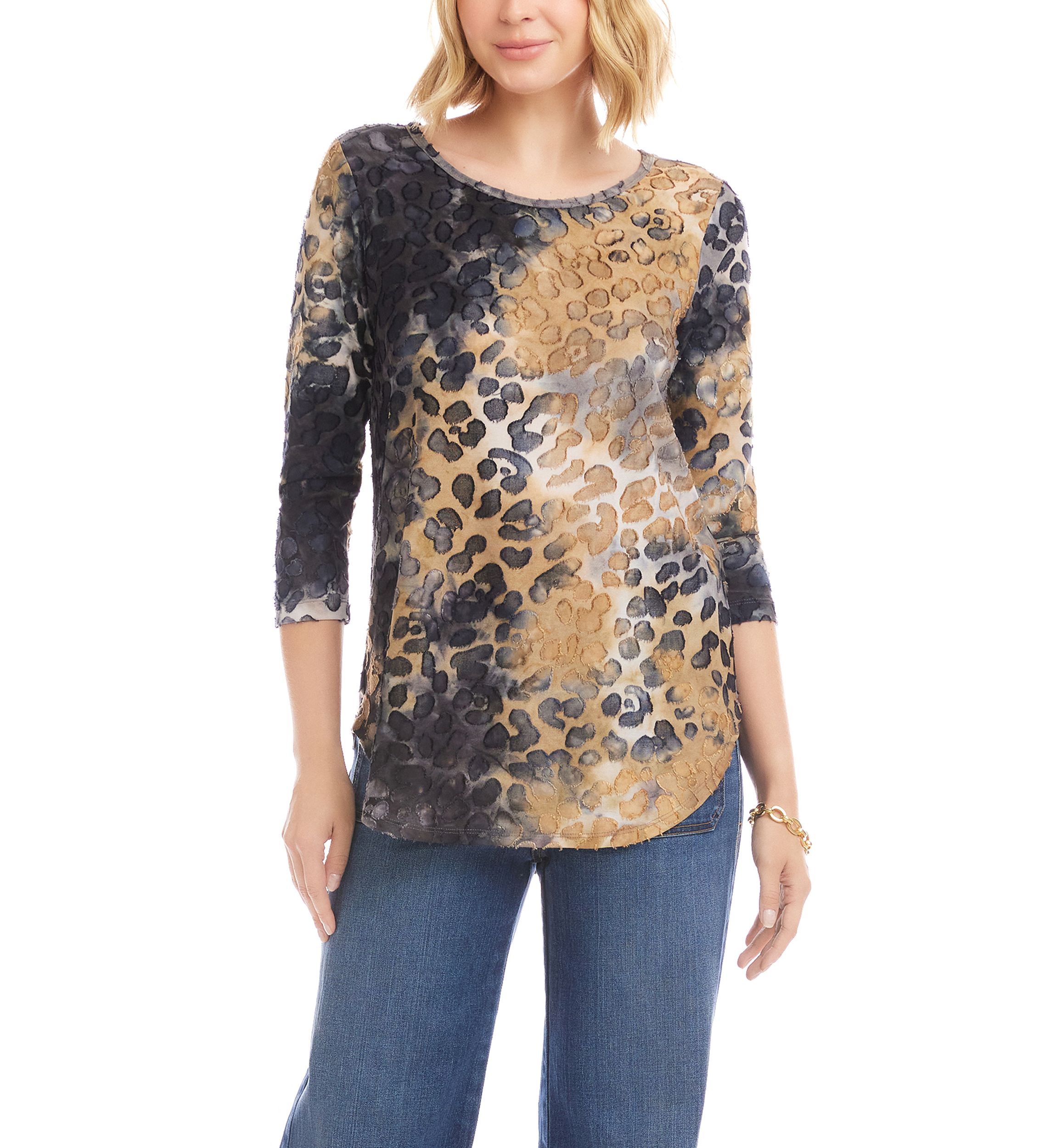 Womens 3/4 Sleeve Burnout Shirttail Top