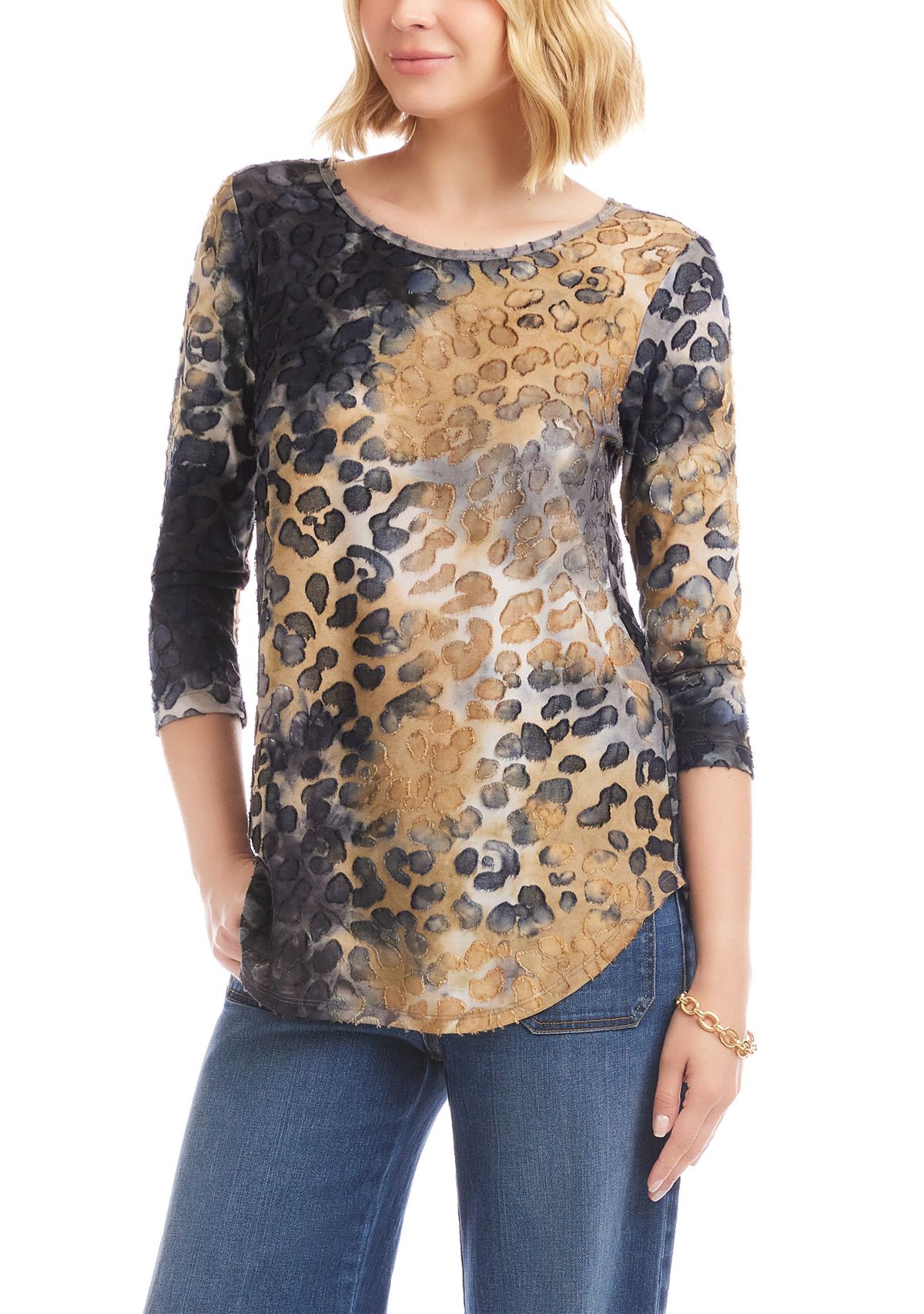 Womens 3/4 Sleeve Burnout Shirttail Top